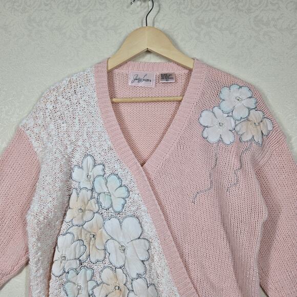 VTG Jaclyn Smith Sweater sz L Pink Embroidered Floral Pearl Embellished Feminine - Picture 2 of 16